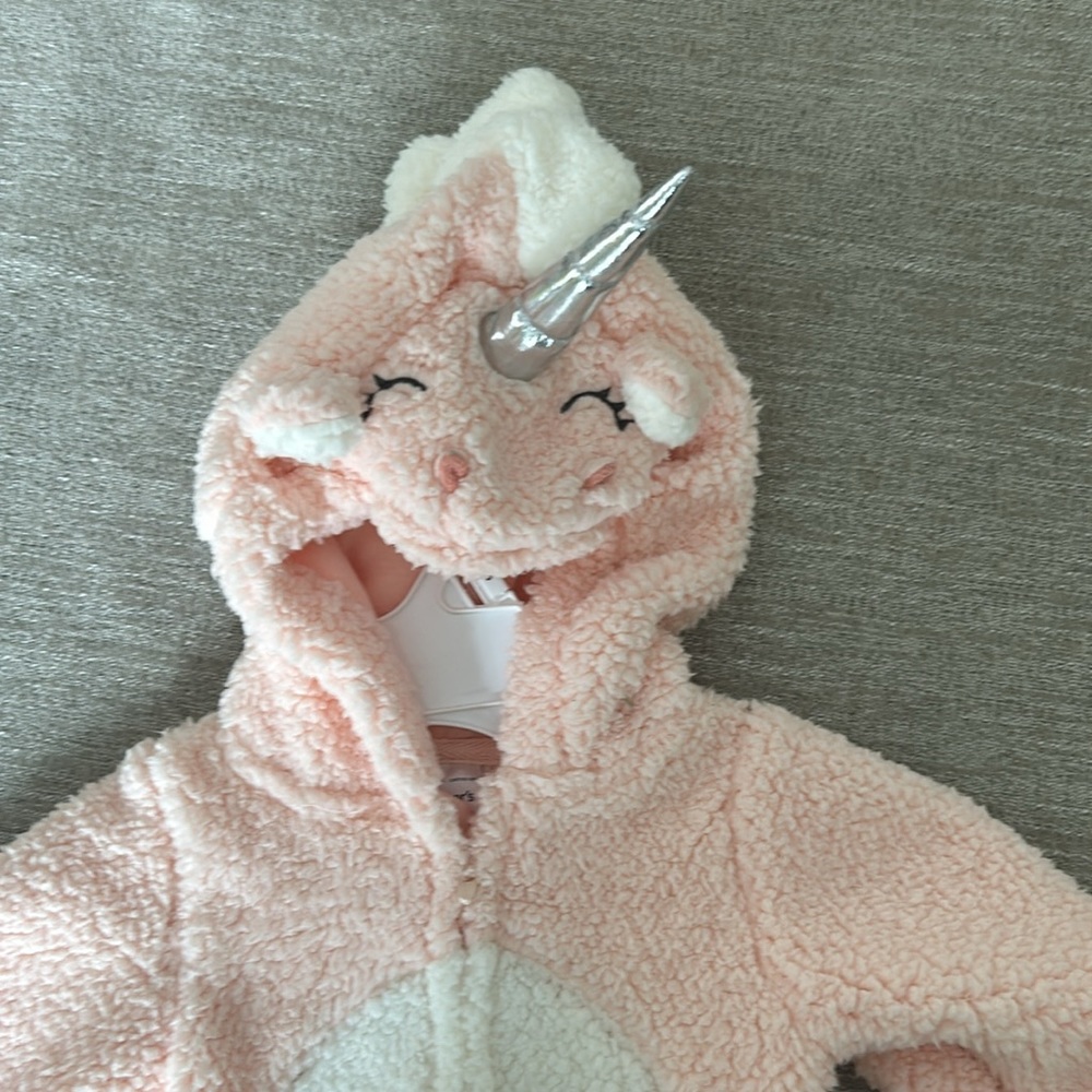 Carters hooded fleece Pink/white unicorn 1 piece outfit/costume. Size 9 mo. NWT - Picture 2 of 12